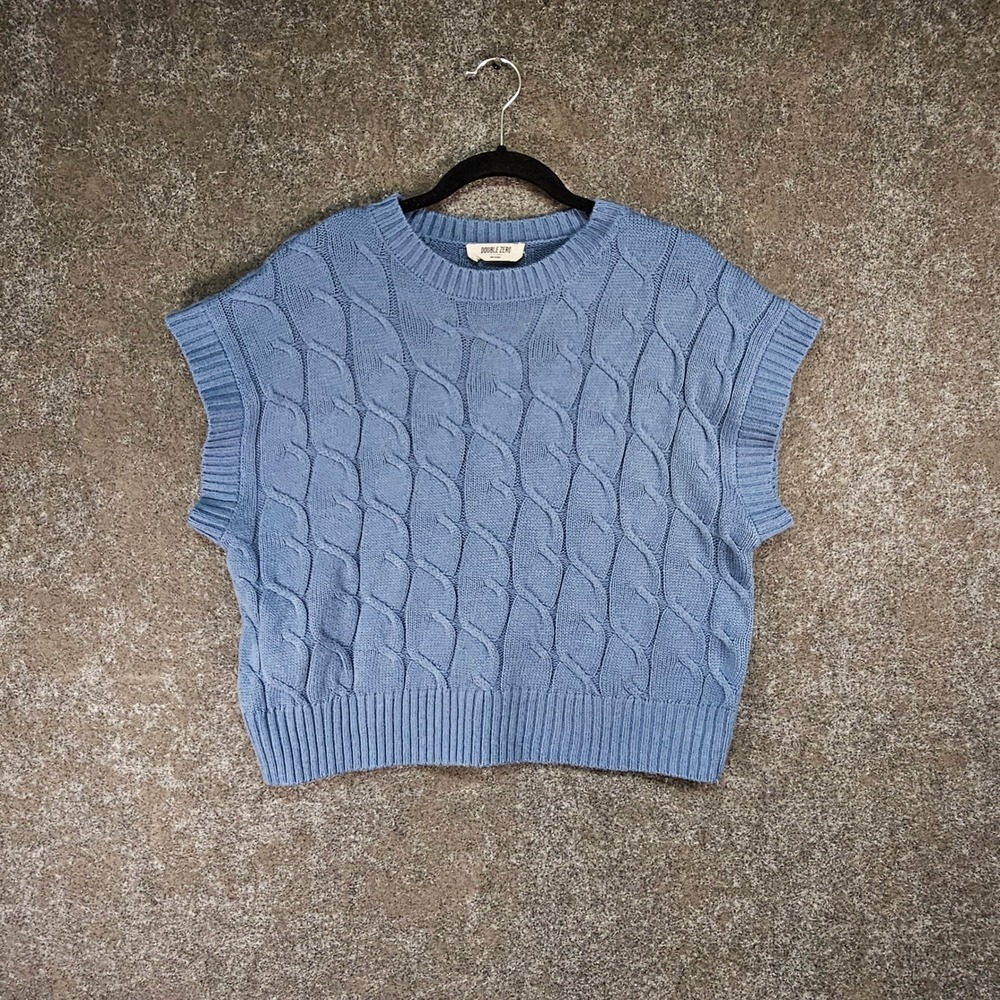 Double Zero Cable Knit Cap Sleeve Sweater Vest, Dusty Blue, Acrylic,Small
